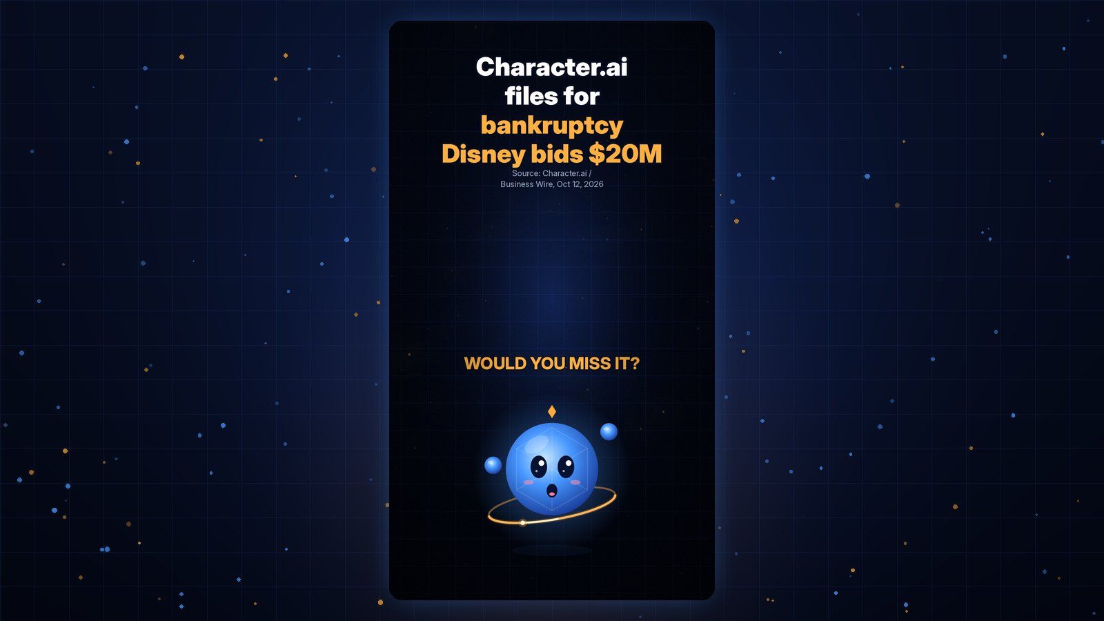 Gobi Daily title card about Character.ai filing for bankruptcy with Disney bidding $20 million, with Gobi below.
